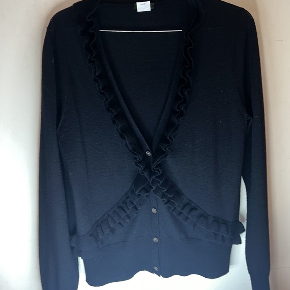 J Crew 100%Merino Wool Ruffle Sweater Black Sz Medium - Picture 3 of 9
